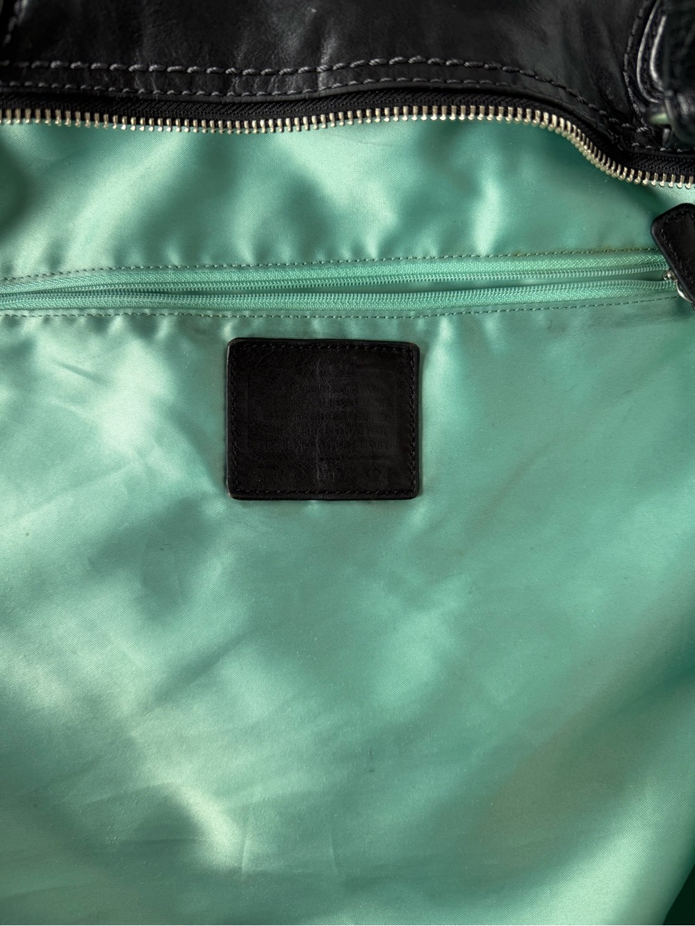 Coach Poppy Black Distressed Leather Glam Tote Shoulder Bag Turquoise Lining - Picture 3 of 9